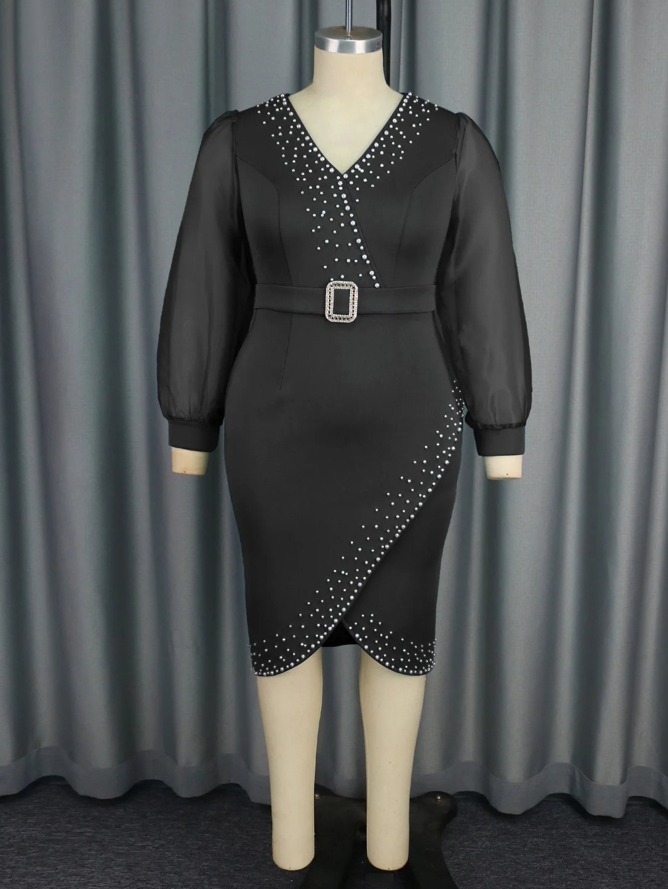 Amay Women Luxury Beaded Evening Party Dress V-Neck Mesh Bubble Sleeves Slim Fit Pencil Midi Dresses Birthday Event Plus Size