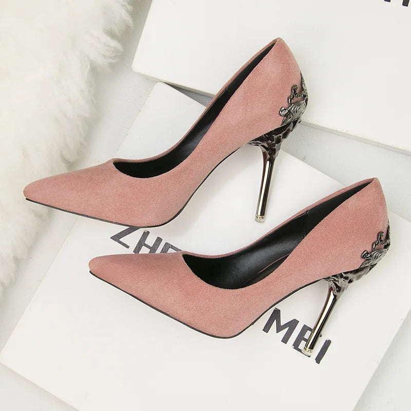 Amay new Women Carved Metal Heels Wedding Elegant Women Pumps Red Gold Solid Flock/PU Shallow Pointy Toe Dress High Heel Shoes Woman Autumn