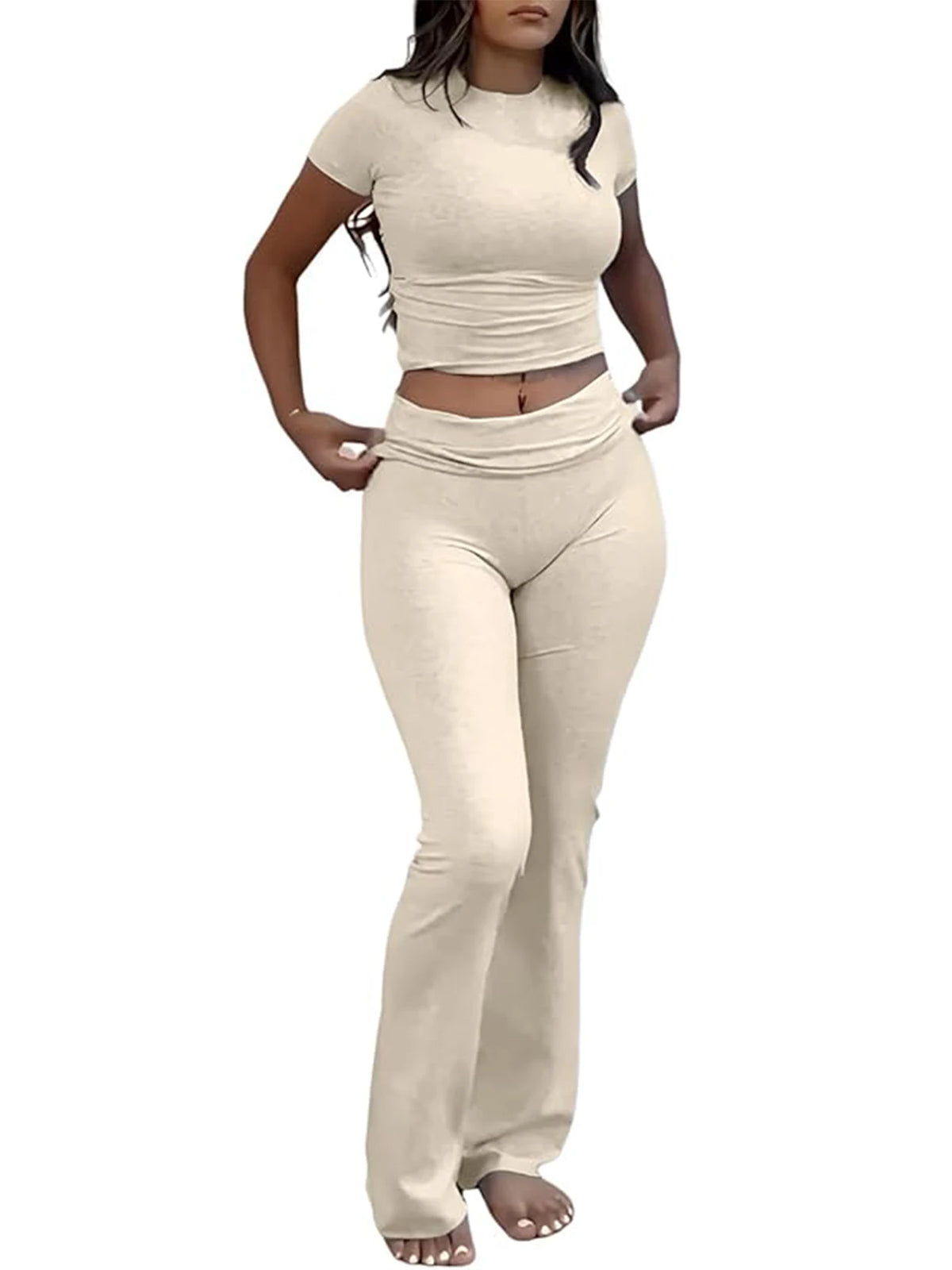 Maxy Casual Workout Two Piece Outfits for Women Short Sleeve Crop High Waist Foldover Flare Pants Tracksuit Sets Streetwear
