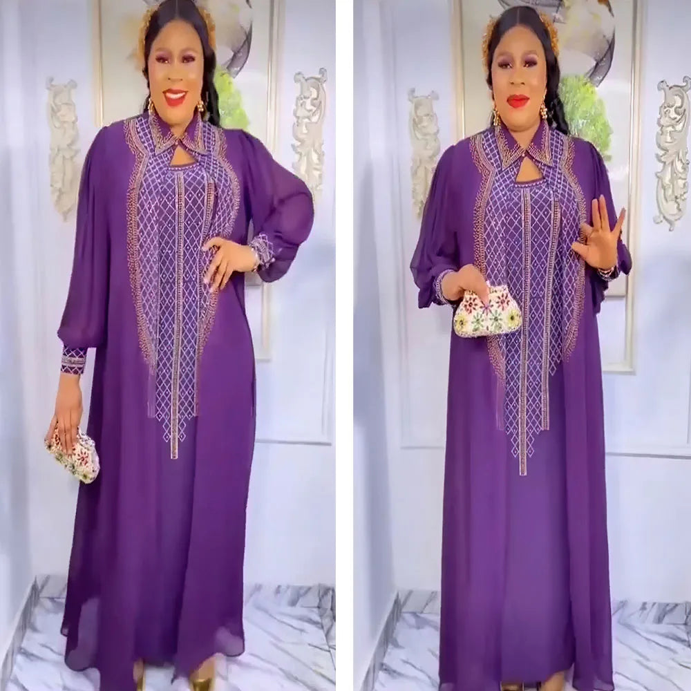 Maxy 2 Piece African Party Dresses for Luxury Diamonds Women Traditional Boubou Africa Clothing Muslim Abayas Robe Kaftan Turkey Gown