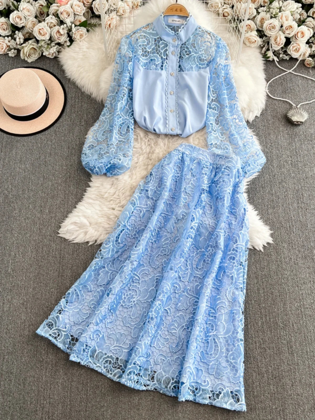 Maxy French Style Suit for Women's Fashion with Hollowed Out Hook Flower Lace Lng Sleeves Shirt+high Waisted A-line Skirt