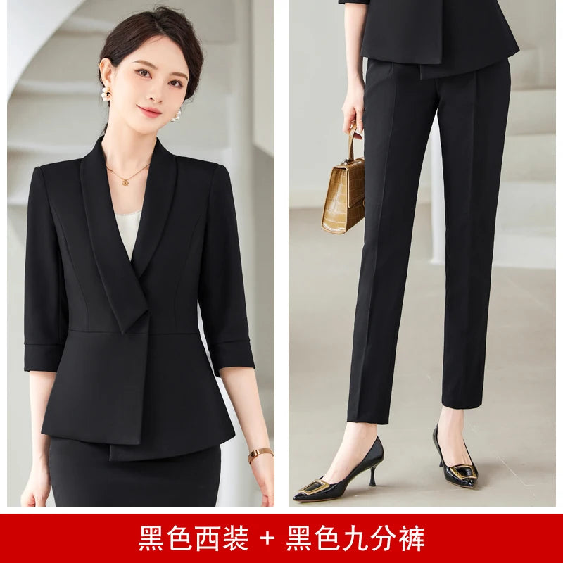 Maxy Women's Mid-Sleeve Blazer and Trousers Suit, Fashionable and Elegant, Spring and Summer, 2-Piece.