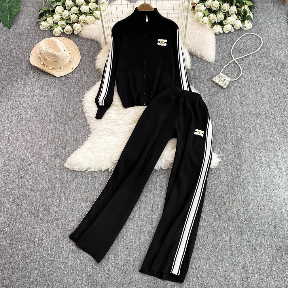 TWOTWINSTYLE Casual Two Piece Set For Women O Neck Long Sleeve Spliced Pockets Coat High Waist Pant Slim Set Female KSE522359