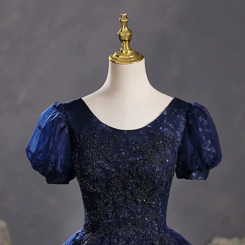 Maxy new Navy Blue Bubble Sleeve Dress, Student Art Exam Vocal Performance Dress, Fluffy Dress, Annual Meeting Host Evening Dress