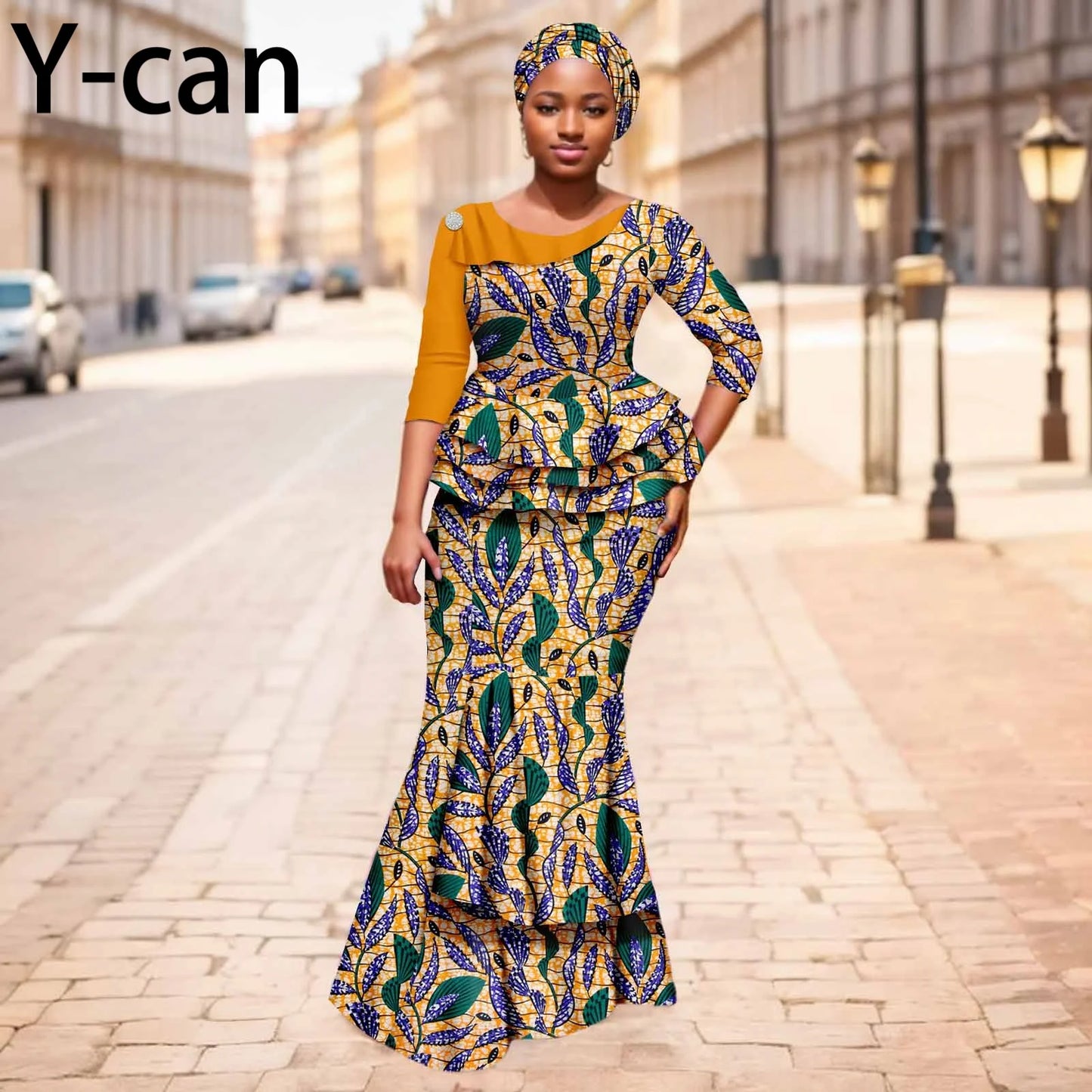 Maxy New African Dresses for Women Dashiki Print Patchwork Top and Mermaid Skirt Match Turban Traditional Wedding Party Dress 2526004