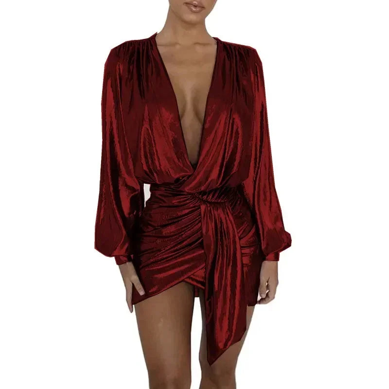 Maxy Plus Size Elegant Deep V-neck Long Sleeve Shiny Metallic Dress Women Evening Irregular Bodycon Mini Dress Vintage Ball Gowns