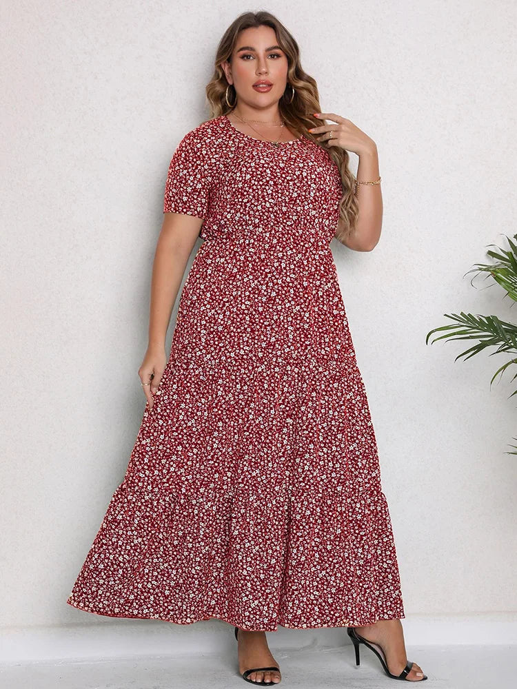 Gacy Plus Size O-Neck Ditsy Floral Ruffle Hem Dress Women Summer Short-sleeved Vacation Bohemian Beach Maxy Long Dresses