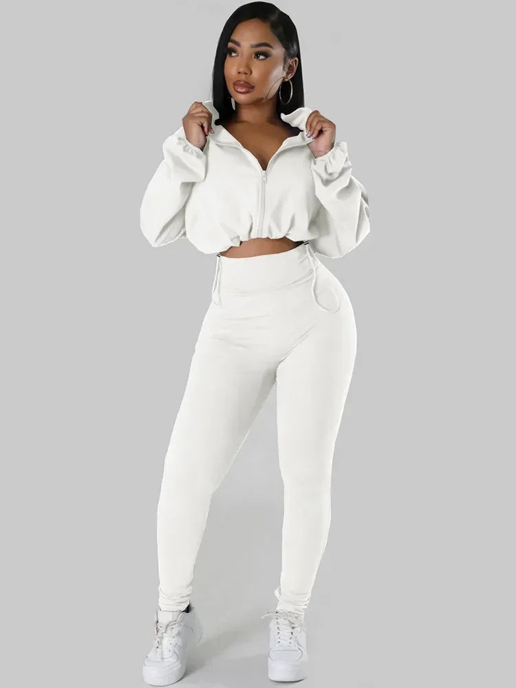 Maxy Solid Sporty Two Piece Set for Women Tracksuit Casual Fitness Workout Zipper Bomber Jacket Top and Sweatpants Matching Sets