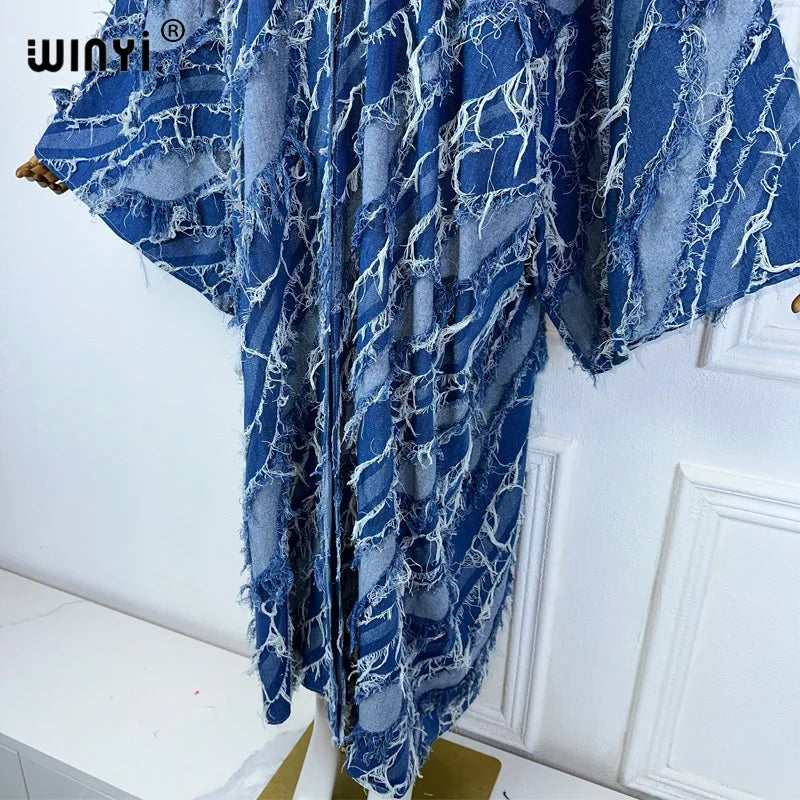 Maxy Kimono Washed jacquard denim with spliced raw edge Cardigan maxy Dress elegant Party Swimming beach Cover Up dress abaya