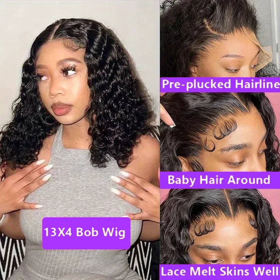 Amay Deep Wave HD Lace Front Wig Human Hair Short Bob Wig Brazilian Virgin Wigs For Black Woman Water Curly 180% Density Preplucked