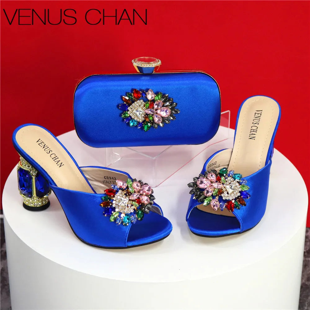 Maxy Latest Summer Women's Shoes High-Heels Sandals Italian Design Rhinestone Blue Color Shoe and Bag set for Party in Ladies