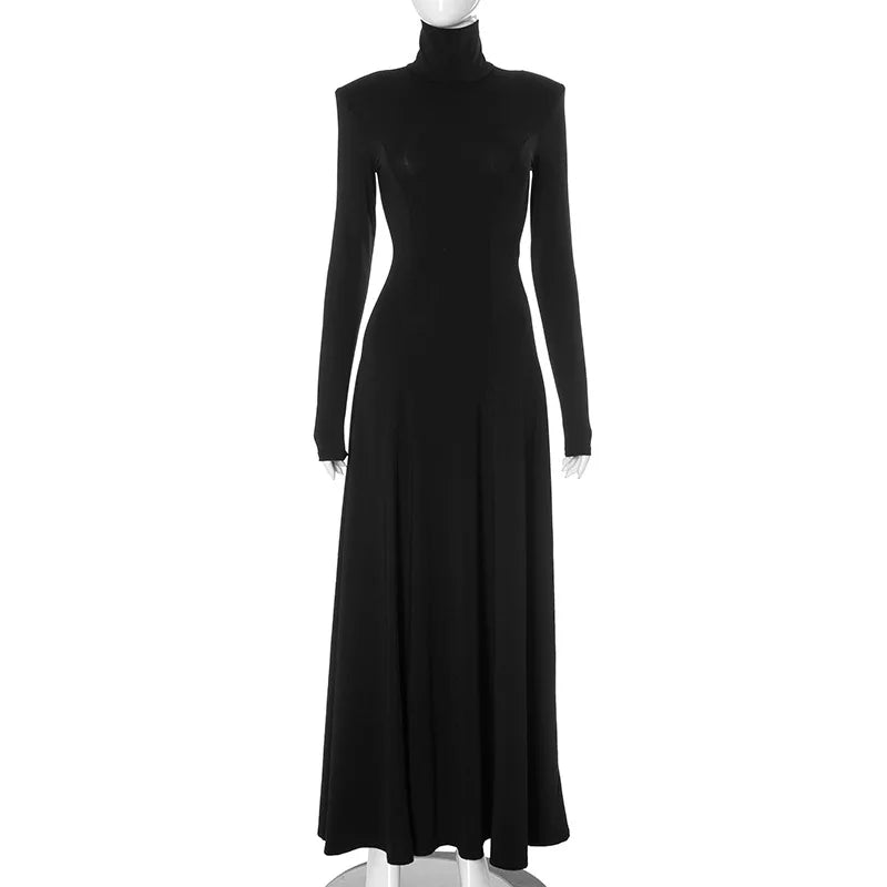 Maxy Autumn Elegant High Collar Evening Dresses Women Black Long Sleeves Backless Dress Fashion Bodycon Banquet Dress
