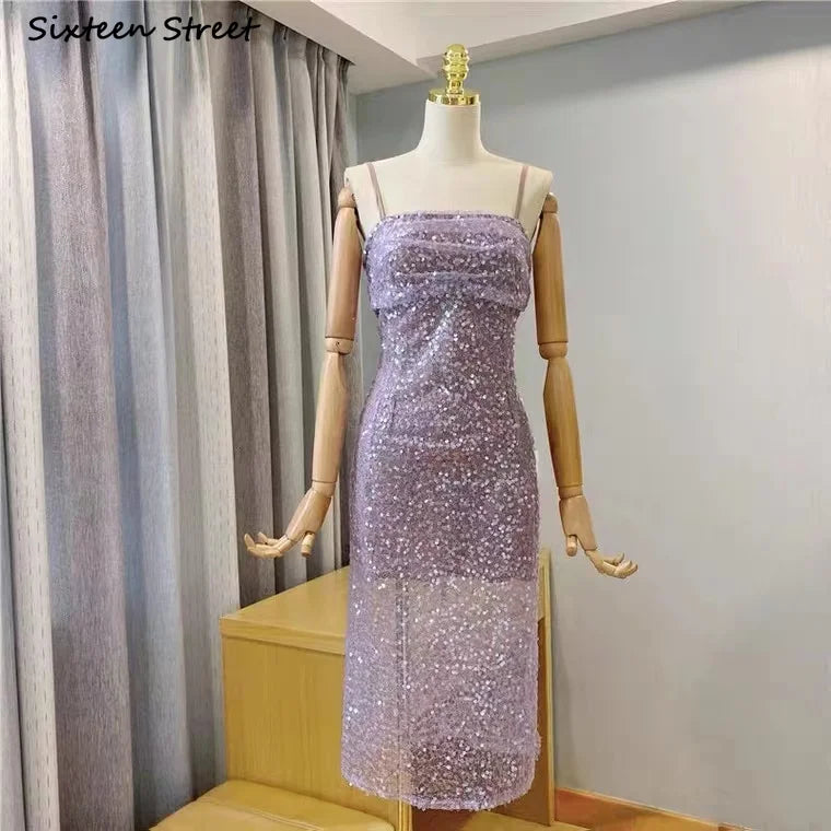 Babs Pink Sequin Dress Women Summer Vacation Party Dresses Women Sleeveless Spaghetti Strap Bodycon Vintage