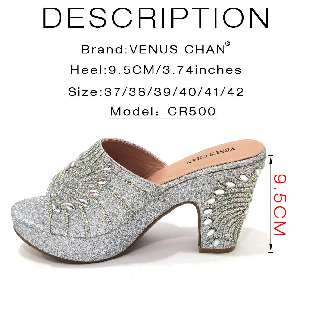 Maxy High Heels Shoes for Women Fashion Embroidery Rhinestone Italian Design Silver Color Round Head Shoes and Bags Set