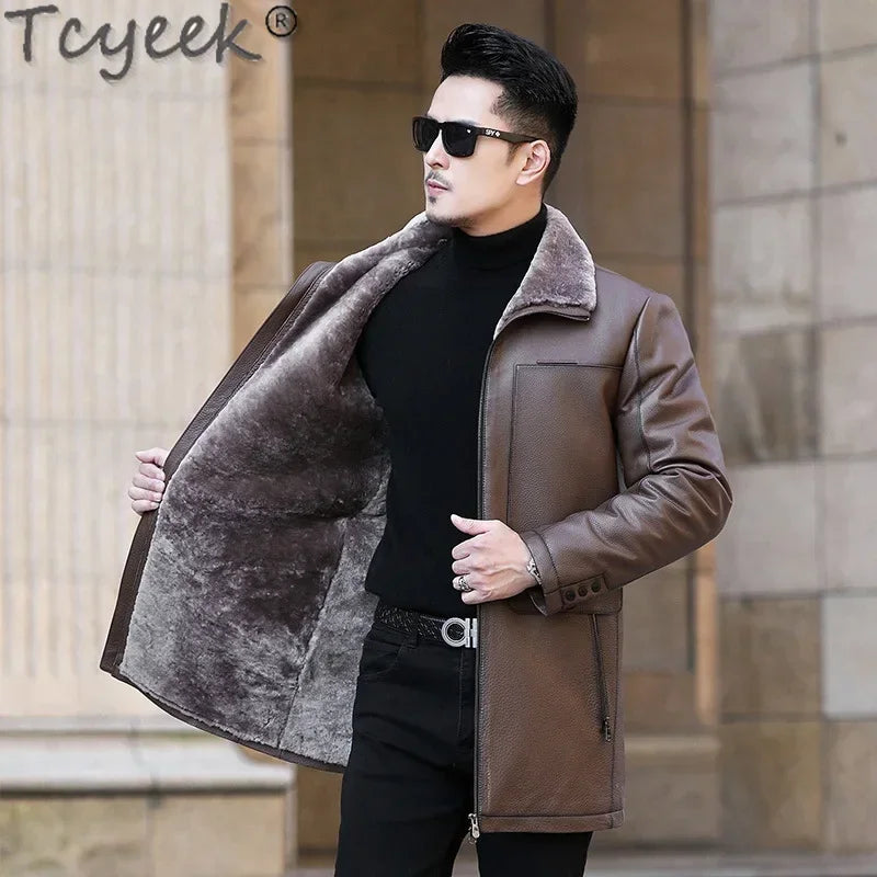 Tcyeek Genuine Leather Jacket Men Business Casual Real Cowhide Coats for Man Thickened Warm Wool Jackets Winter Clothes Overcoat