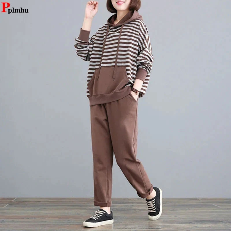 Maxy Spring Casual Loose Striped Hooded 2 Piece Sets Sweatshirt And Harem Pants Tracksuit Oversized 4XL Korean Sweatsuit Women Outfit