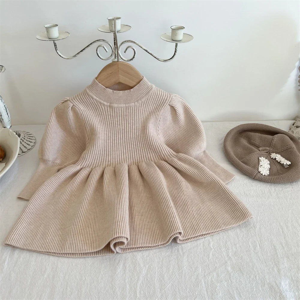 Maxy Baby Girls Knitted Dress Solid Long Sleeve Toddler Girl Clothes for 1 to 4 Years Warm Kids Sweater Dresses