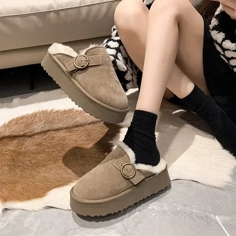 Maxy Women Thicken Plush Fur Slippers Winter Slip on Chunky Platform Loafers Mules Woman Thick Bottom Cotton Slippers Flip Flops