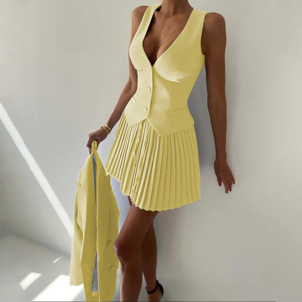 Maxy Women's Popular Skirt Two Piece Sets Women V Neck Single-breasted Vest Tops Pleated Curvy Chic Mini Dress Elegant Clothes Fall