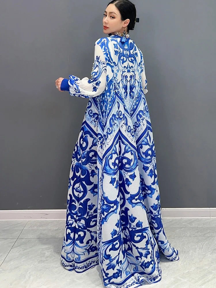 Babs SHENGPALAE Spring Autumn New Women's Dress National Porcelain Printed Chiffon Pleated Elegant Long Sleeved Dresses 5R9754