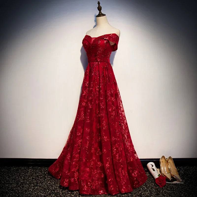 Maxy Customized Evening Dresses Burgundy Bling Tulle A-line Floor-length Off the Shoulder Plus size Woman Party Formal Gown
