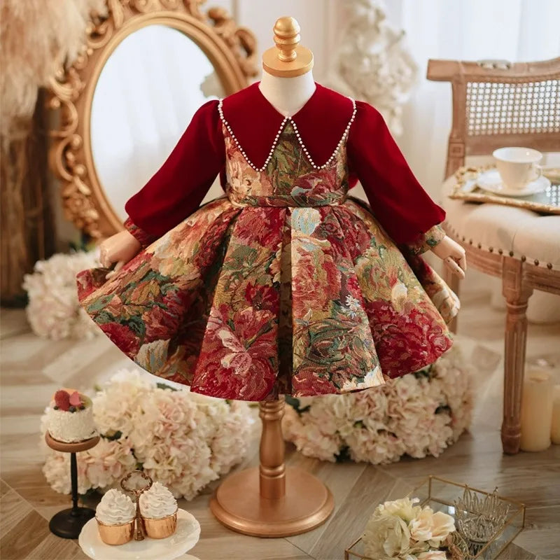 Maxy Luxurious Flower Girls Princess Dress for Elegant Party Kids Long Sleeve Ball Gown Infant Lolita Birthday Costume Red New Year