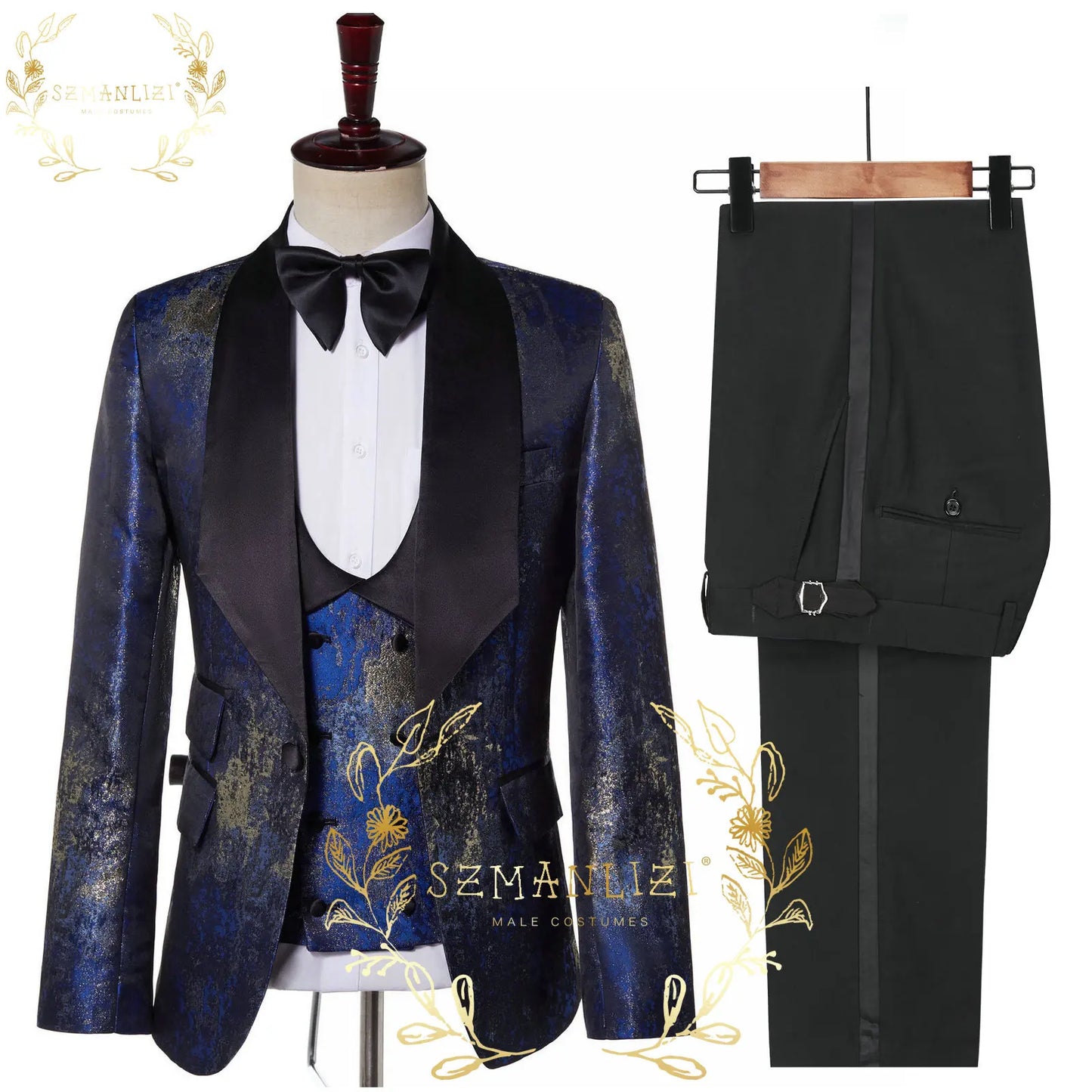 Visco Handsome Blue Gold Floral Rim Stage Men Suit Set Stand Collar Men's Suits (Jacket+pants+vest)