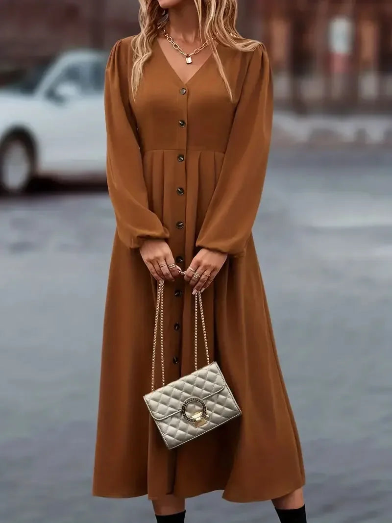 Amay Summer Plus Size Women's Maxy Dress Elegant Solid Color Front Button Lantern Sleeve Pleated V-Neck Sexy Gown for Ladies