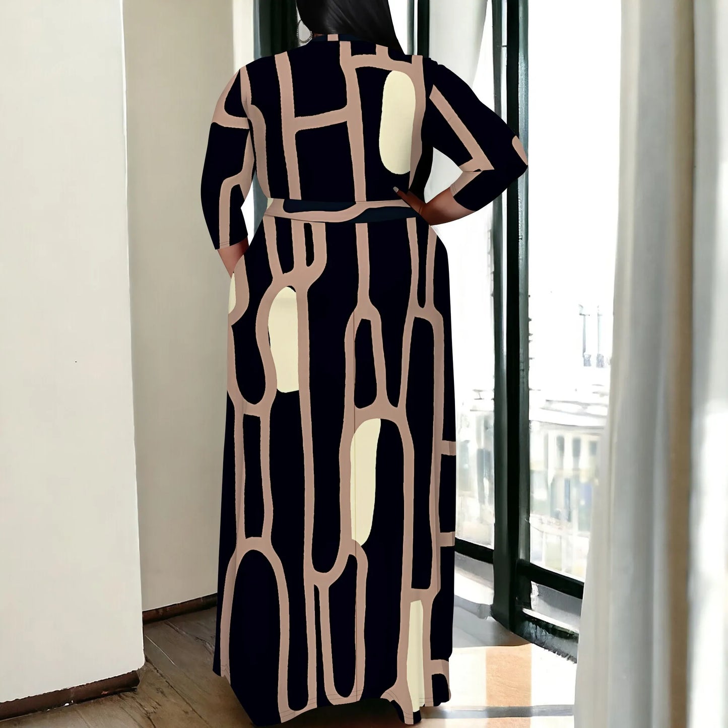 Maxy Plus Size for Women Summer Casual Floral Printing V Neck 3/4 Sleeve Maxy Floor Dress Lace Up Beach Sundress