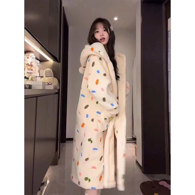 Maxy Dot Robe for Women Sleepwear Nightdress Winter Night Wears Warm Fleece Pajama One Piece Nightgown Hooded Long Sleeve Homewear