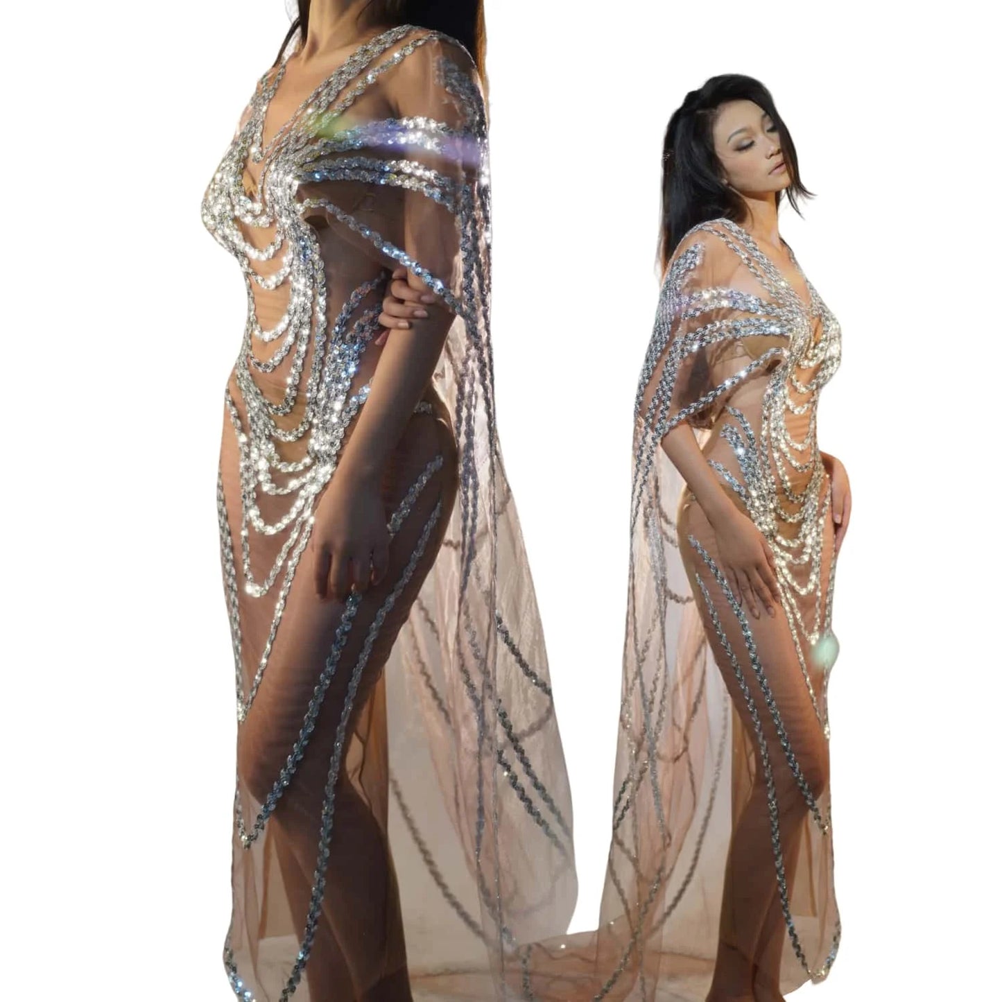 Maxy Sparkly Gold Sequins Mesh Celebrate Evening Prom Gown Long Dress Birthday Outfit Singer Stage Wear Show Costume Fengshui