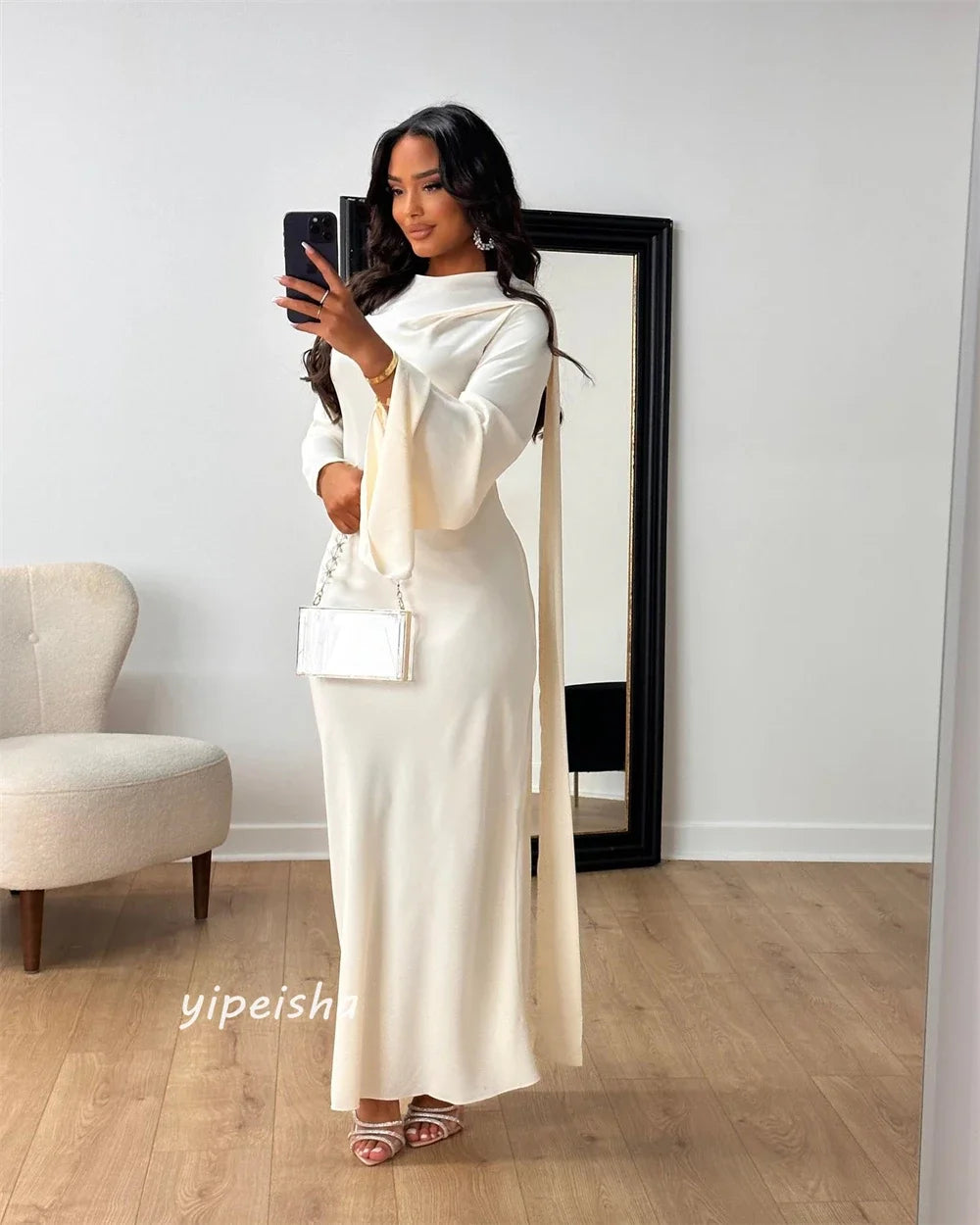 Maxy Customized Prom Gown Jersey Draped Ruffles Pleat Cocktail Party A-line O-Neck Exquisite High Quality Occasion Long Dresses Women