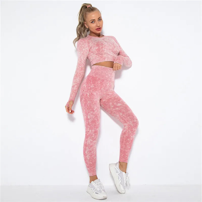 Seamless Sports Suits Women O-neck Crop Tops Long Sleeve Push Up Leggings Sets Gym Wear Summer Two Pieces Sets Tracksuit Feamle
