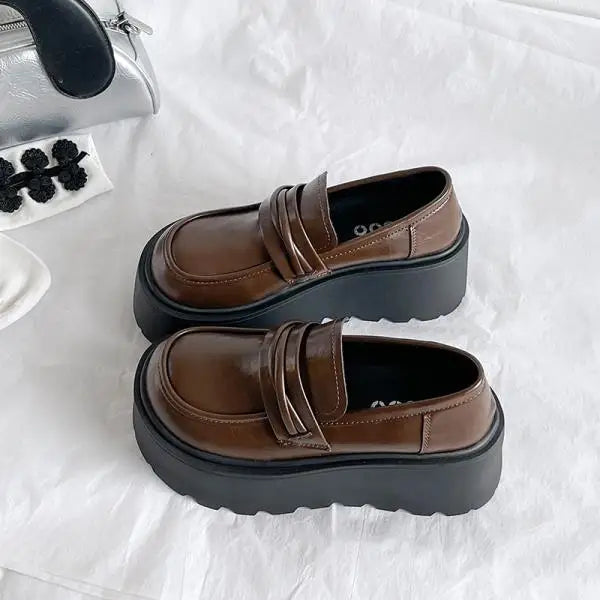 Maxy Women Shoes Autumn British Style Clogs Platform Oxfords Loafers With Fur Slip-on Fall New Preppy Creepers Leather Retro Slip On