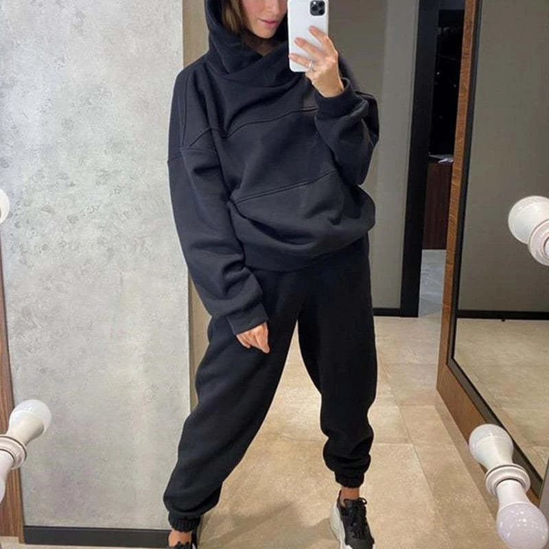 Maxy New Autumn Winter Thick Long-Sleeved Hoodie Sets Casual Pocket Pants Sports Suit Women's Fashion Solid Loose Sweatshirt Outfits