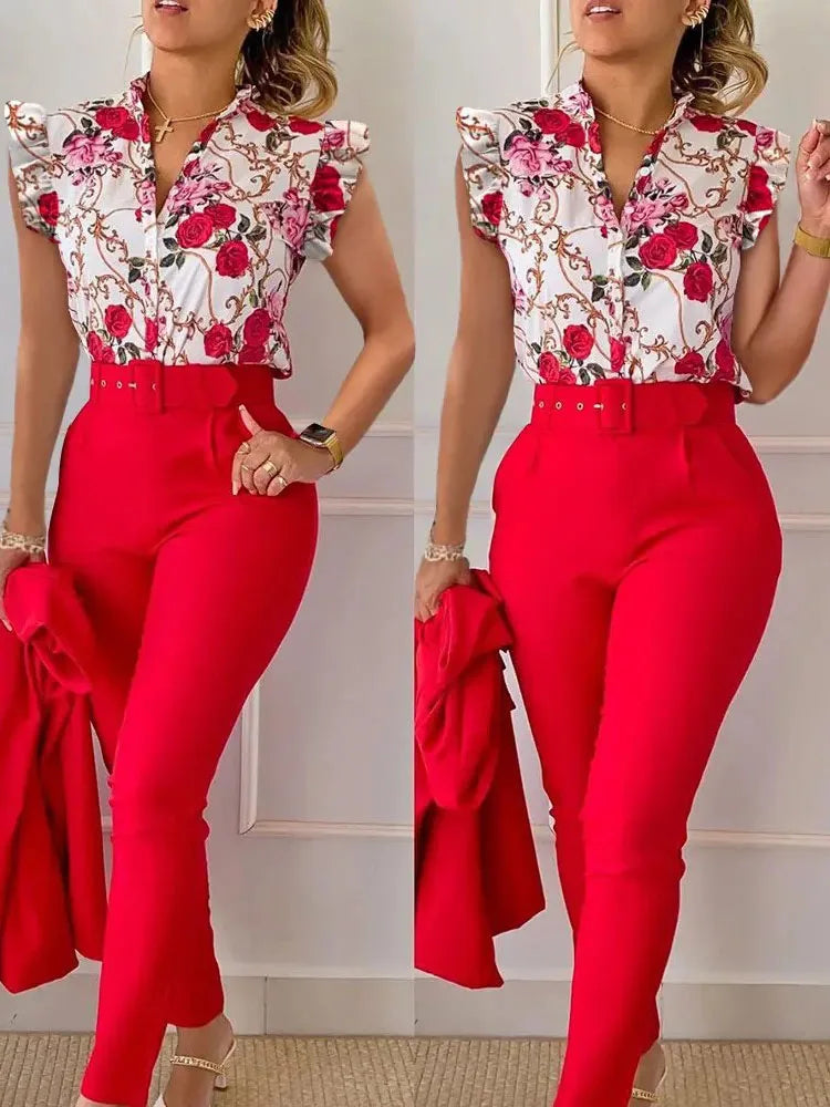 Maxy Elegant Women Two Piece Set Suits New Fashion Printed Ruffle Sleeve Top Solid Color Pants Set With Belt  Blouses Female Clothing