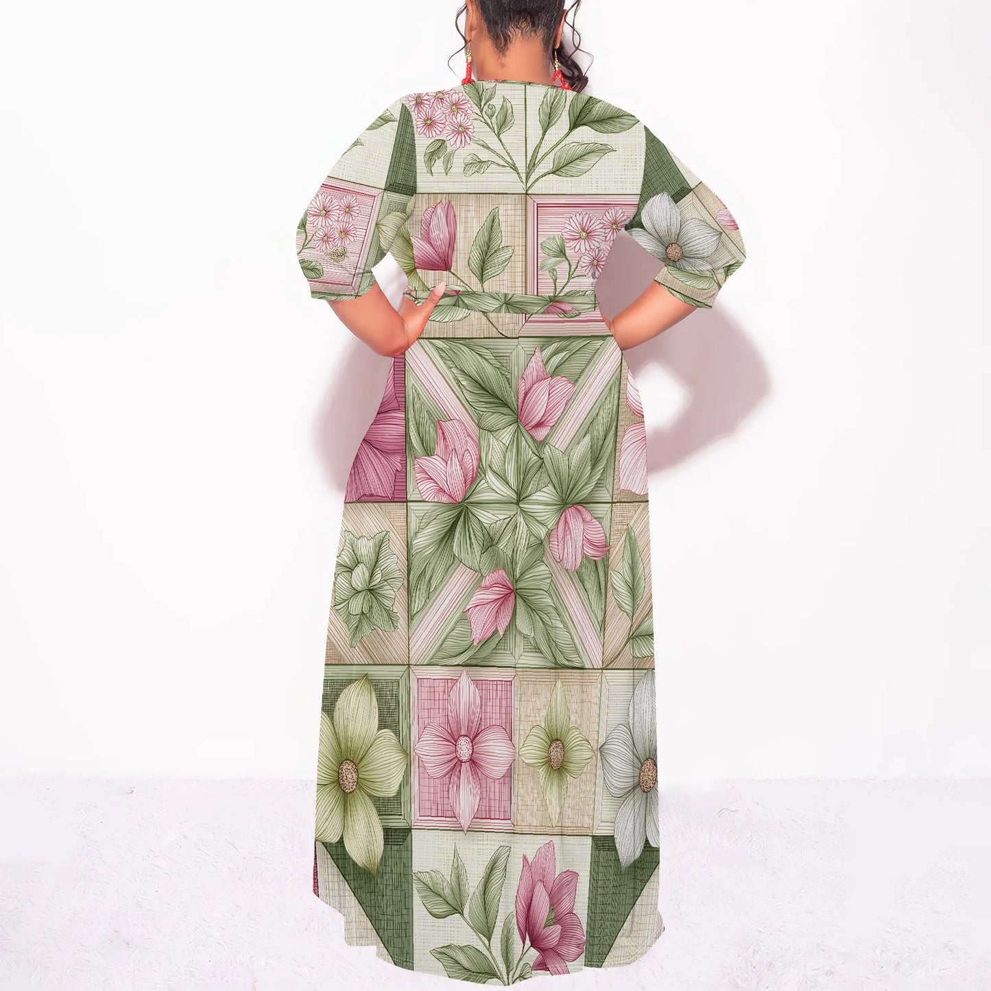 Maxy Plus Size Long Sleeve Floral Patchwork Maxy Dress V-Neck Elegant Artistic Design