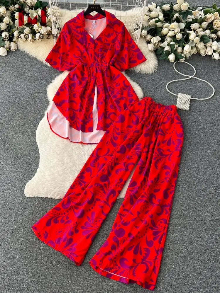 Maxy Fashion Floral Two Piece Set For Women Print Short Sleeve Lapel Tops+High Waist Wide Leg Pants 2 Pieces Sets Summer Suit