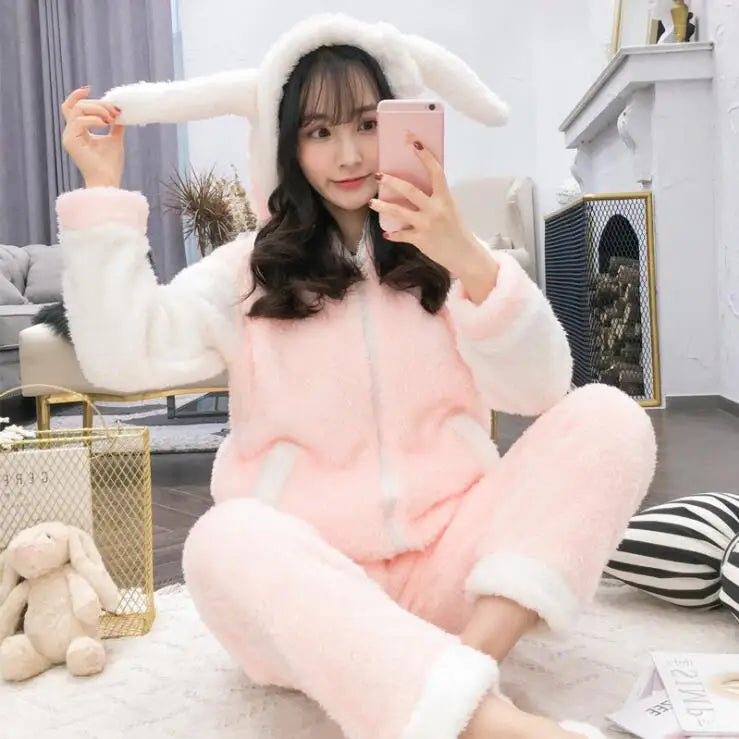 Winter Thick Warm Flannel Pajamas Sets For Women Sleepwear Pajama Homewear Pyjamas Set Cartoon Cute Warm Hooded Rabbit Gowns