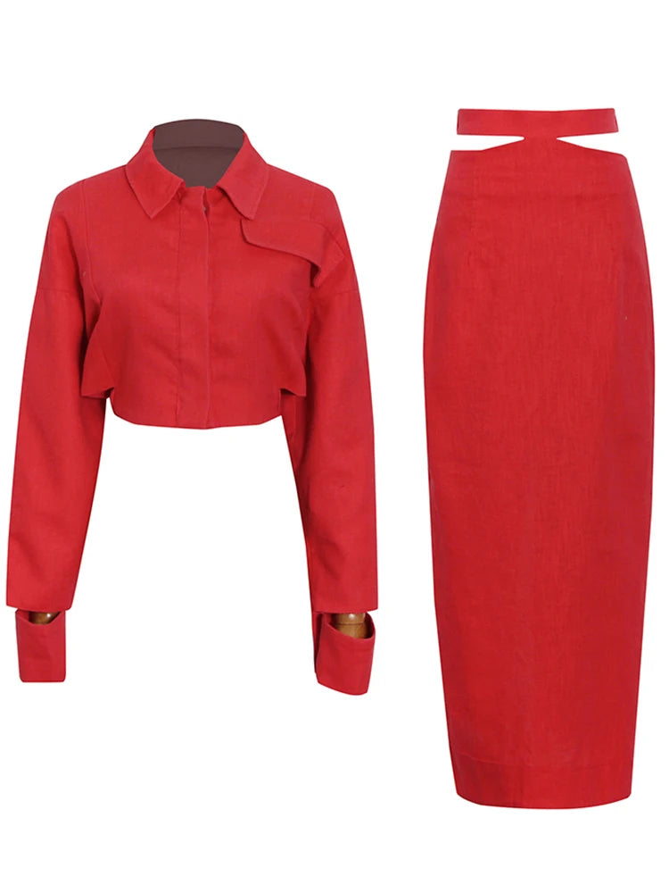 Maxy TWOTWINSTYLE Solid Casual Two Piece Set For Women Lapel Collar Long Sleeve Short Top High Waist Slim Skirt Female Fashion