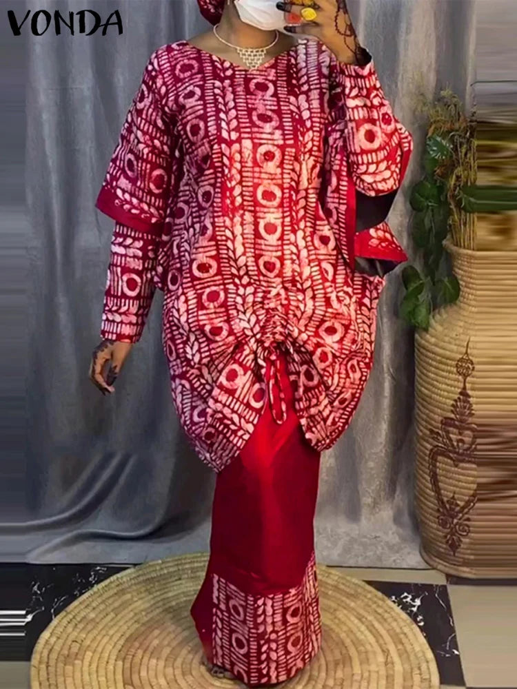 Maxy Women Outfits Bohemian Printed Sets Elegant Long Sleeve Top+Half Skirt Two-Piece Sets Casual Loose Holiday Suits