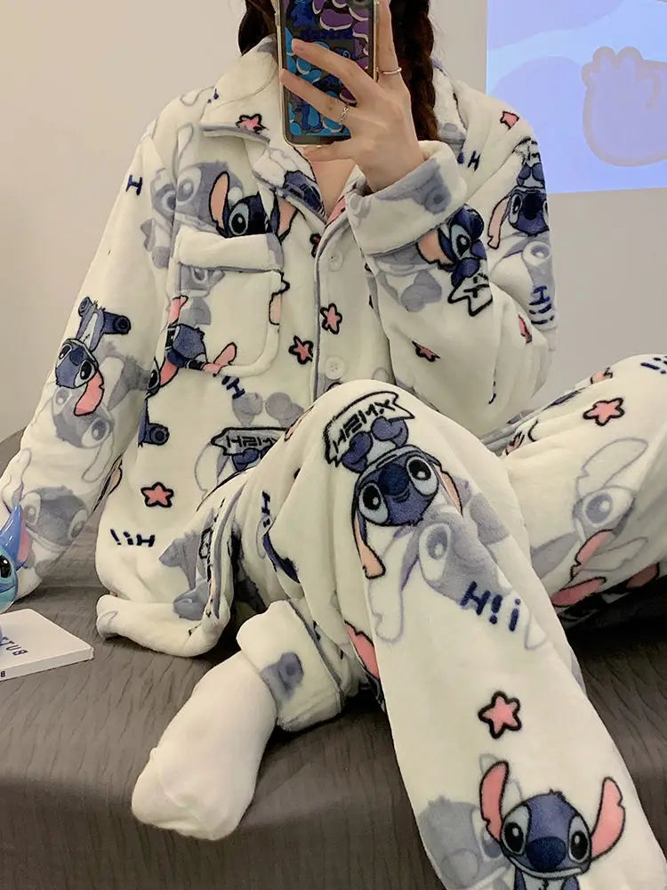 New Stitch-themed Max Plush Fluffy Sleepwear Pajamas Women's Autumn and Winter Flannel Thickened and Velvet Home Casual 2 Pcs Set