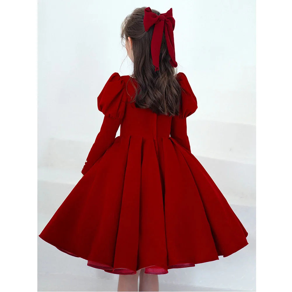 Maxy Princess Noble Princess Evening Dress Mesh Solid Red Ball Gown Children Christmas Party Dress Flower Girl Wedding Dress for 2-10 Year Kid