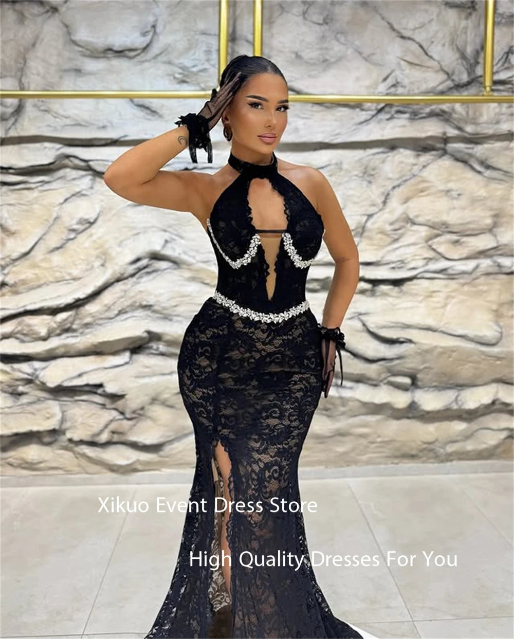 Maxy Graceful Black Lace Evening Dresses Mermaid Crystal Pleated Party Gowns Appliques High Side Slit Robe De Soirée Customized