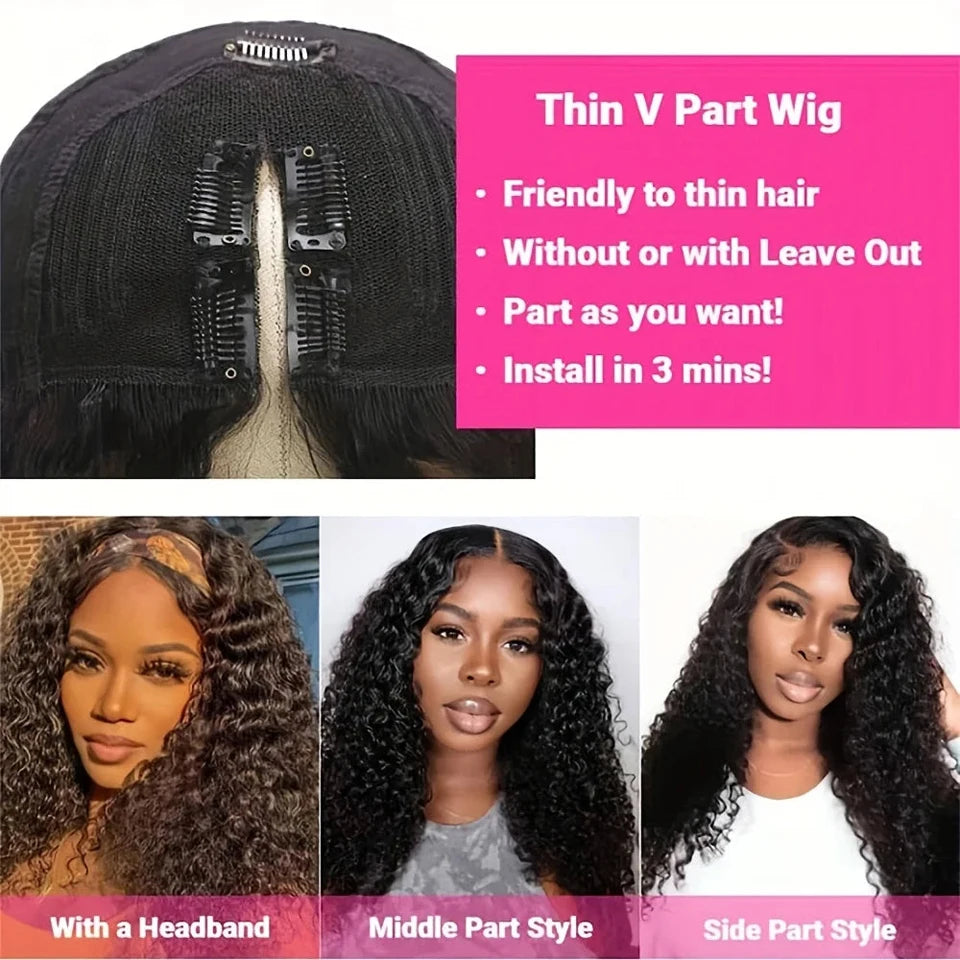 Amay Water Wave Curly V Part Wigs Natural Black Wear To Go Glueless Human Hair Wigs Upgrade V Part Wig Curly Human Hair 180% Density