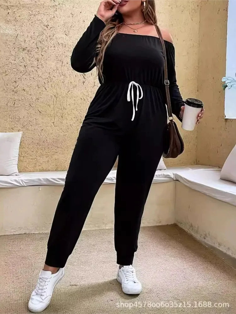 Babs Plus Size Summer Elastic High Waist Jumpsuit Women Off Shoulder Fashion Ladies Jumpsuits Loose Long Sleeve Woman Jumpsuit