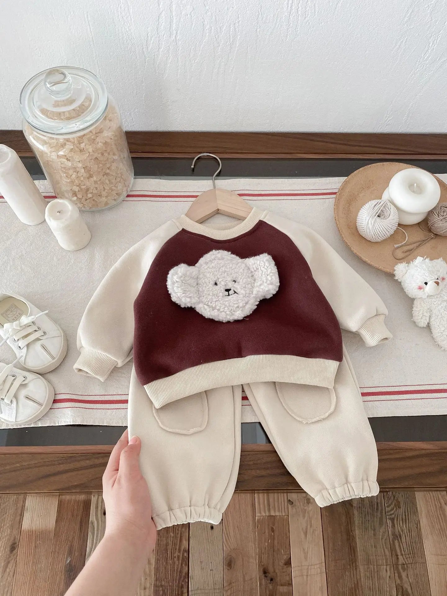 Maxy 2024 Winter New Baby Fleece Warm Clothes Set Infant Girls Bear Sweatshirt + Pants 2pcs Suit Plus Velvet Thick Boys Warm Outfits