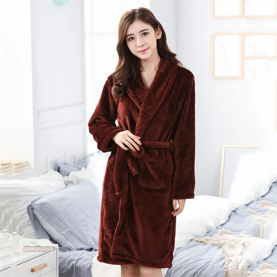 Winter New Female Robe Sleepwear Thickened Coral Fleece Bathrobe Nightgown Warm Loose Flannel Home Dressing Gown Lounge Wear