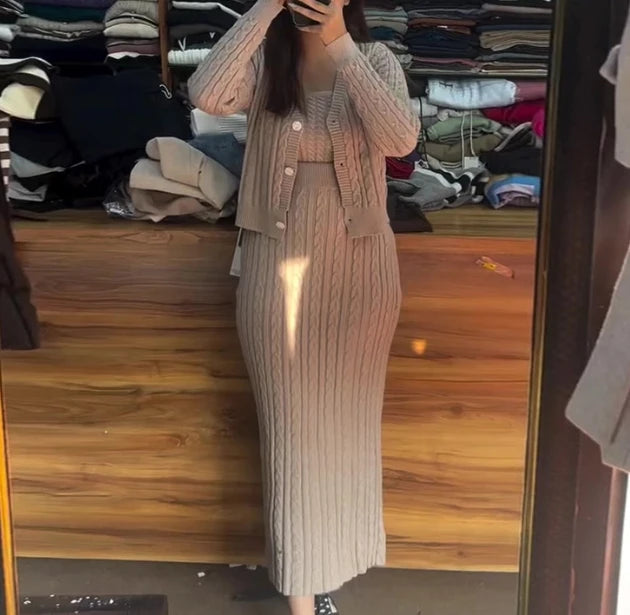 Maxy Elegant Two Pieces Set for Women Outfits Autumn Winter Solid Color Knit V-Neck Cardigan Coat+Slim Fit High Waist Sweater Dress