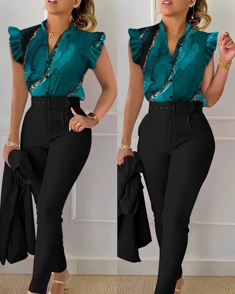 Maxy Elegant Women Two Piece Set Suits New Fashion Printed Ruffle Sleeve Top Solid Color Pants Set With Belt  Blouses Female Clothing